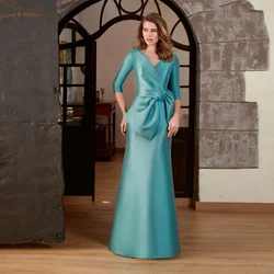 Elegant Mother of the Bride Dresses V Neck 3/4 Sleeves Satin Wedding Party Gowns Floor Length Pleat Bow 2023 فساتين مناسبة رسمية