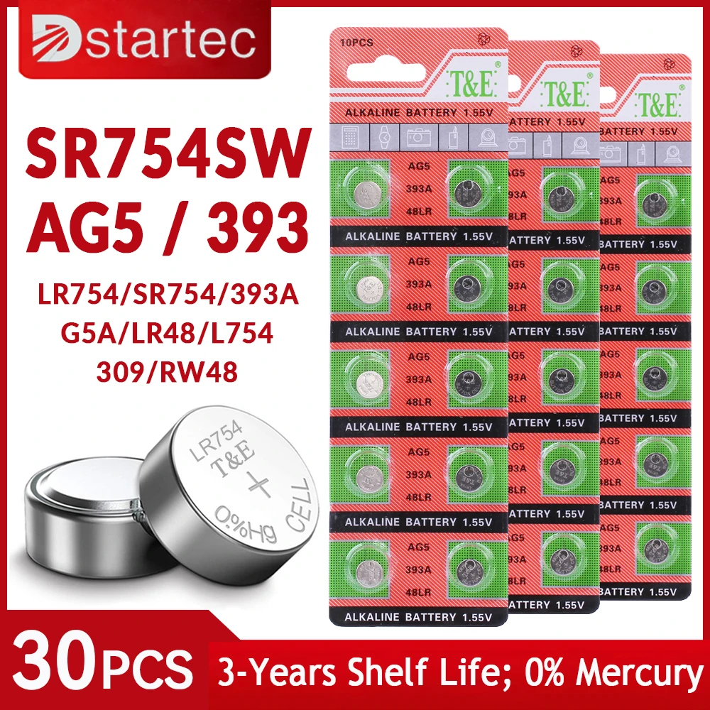 DStartec – piles alcalines AG5, 30 pièces, LR754 393, 1.55V, SR754 L754 ...