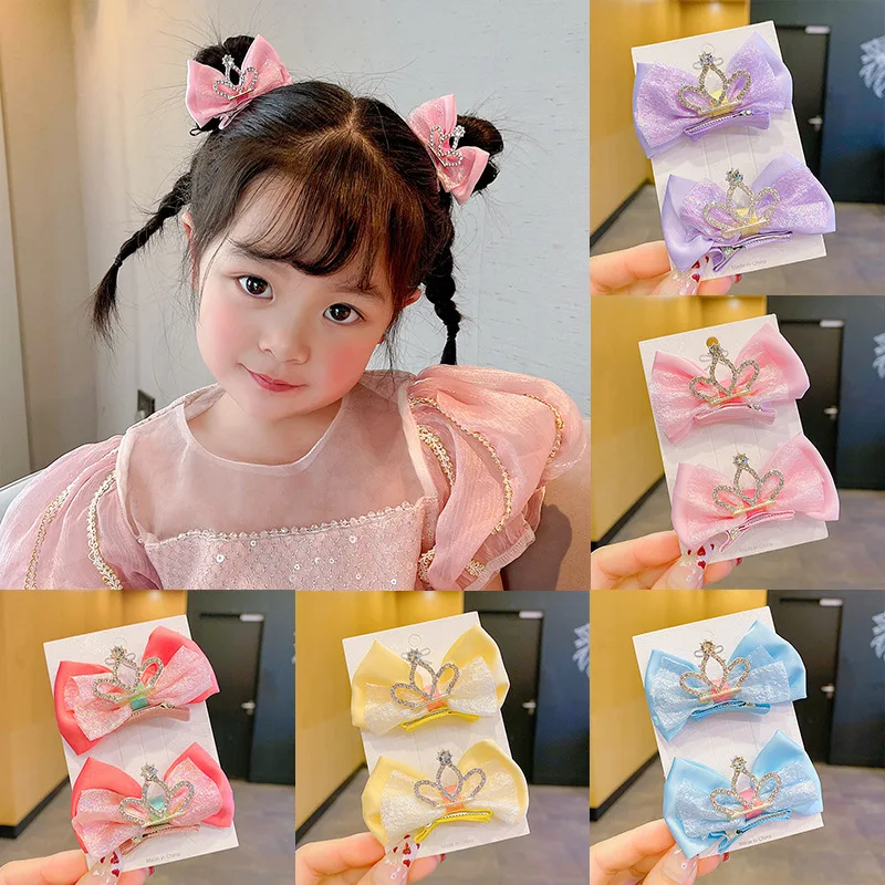 

2PCS New Cute Bow Crown Baby Hairpins Girls Hair Clips Kids Headwear Children Set Double Ponytail Hair Accessories