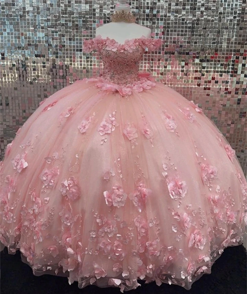 

Pink Princess Quinceanera Dresses Ball Gown Off The Shoulder Floral Pearls Sweet 16 Dresses 15 Años Custom