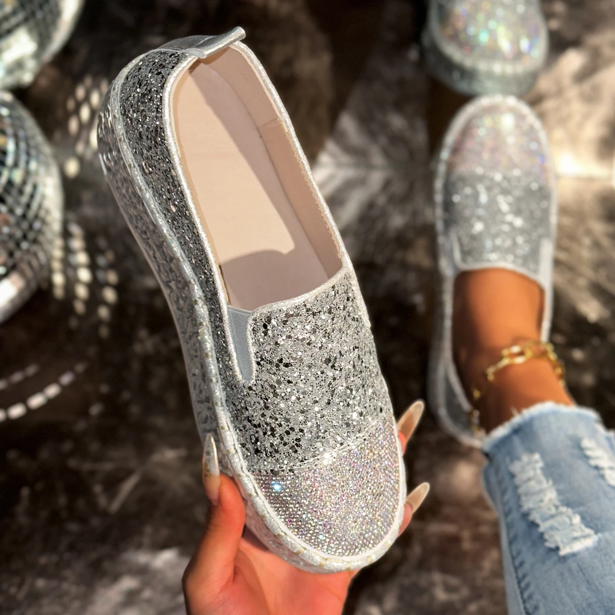 Aphixta 2025 New Bling Sequined Woman Shoes Flat With Slip On Silver Loafers Spring Woman Fashion Shoes Big Size 43