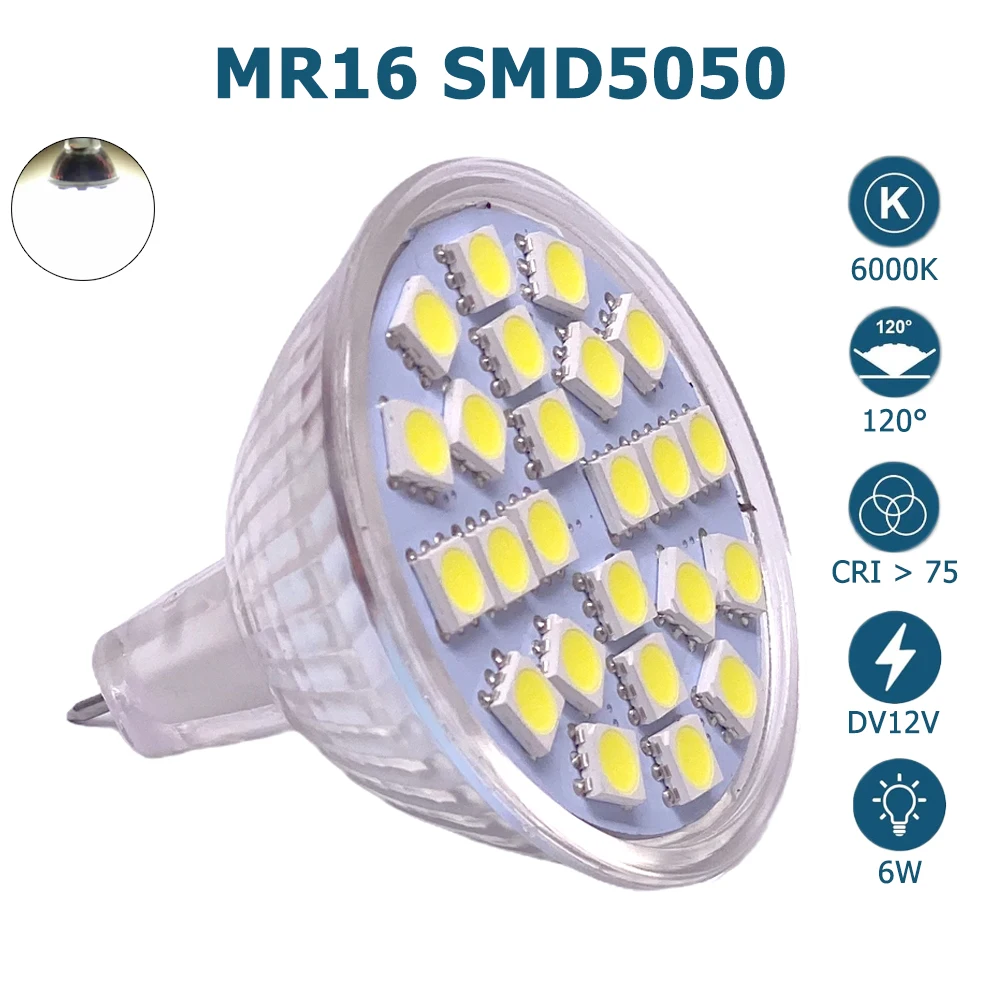 

M​R16 6W Spotlight 5050 SMD DC 12V LED Light Bulb Cool White 6000K LED Spot Light Glass Shell 24LEDs Replace Halogen Lamp