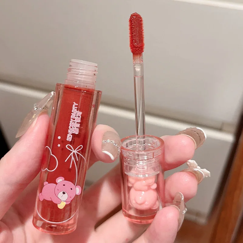 6 Color Lip Glaze Cute Little Bear Mirror Lip Gloss Water Light Nude Red Liquid Lipstick Clear Tint Makeup Transparent Glass