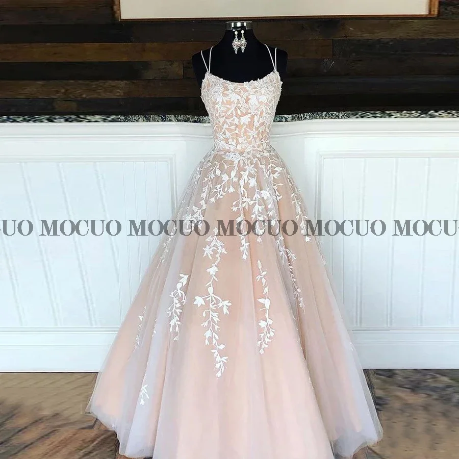 

Princess Spaghetti Straps A Line Appliques Tulle Lace up Pink Prom Dresses 2022 New Part Gowns
