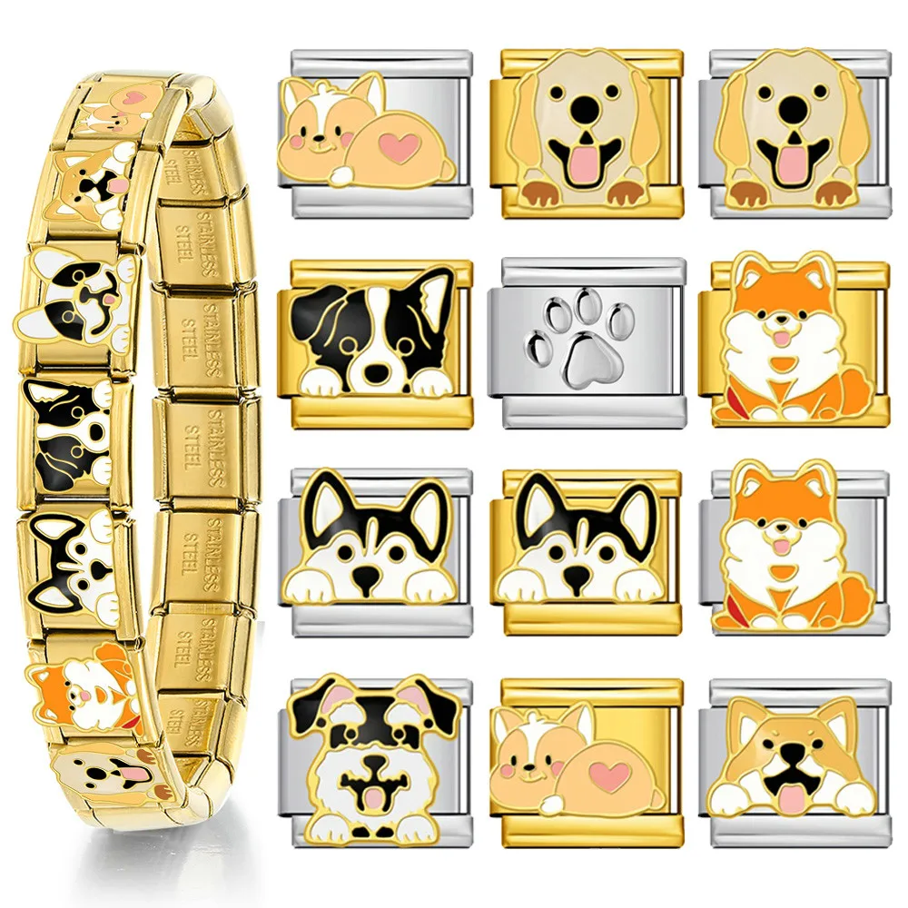 Großhandel Italienischer Link passend für 9 mm Edelstahlschmuck Goldfarbe Shiba Inu Shepherd Inu Little Black Dog Armbandherstellung DIY – Detail 2