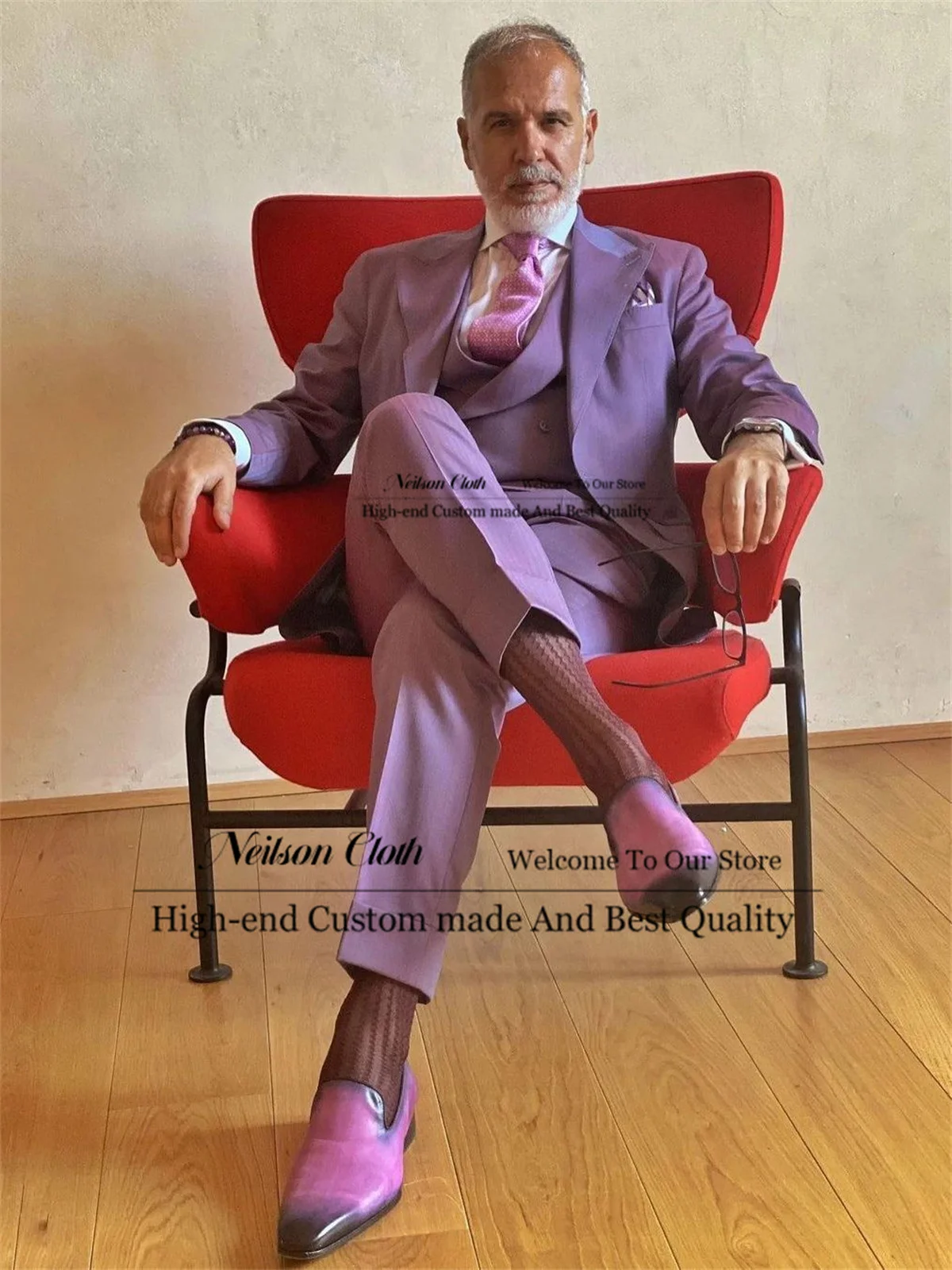 

Purple Men Suits Peaked Lapel Male Prom Blazers 3 Pcs Sets Vest Double Breasted Groom Wedding Tuxedos Slim Fit Costume Homme