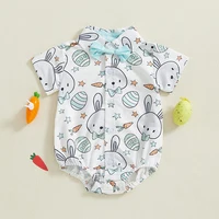 Baby Boys Easter Jumpsuit Short Sleeve Lapel Egg Excavator/Bunny/Bunny Egg Print Romper with Bow Necktie 1