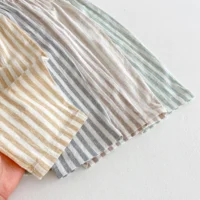 Pantalon Vintage à rayures en coton et lin pour garçons, Design de poche décontracté, taille élastique, vêtements pour petites filles, pantalons pour enfants 4