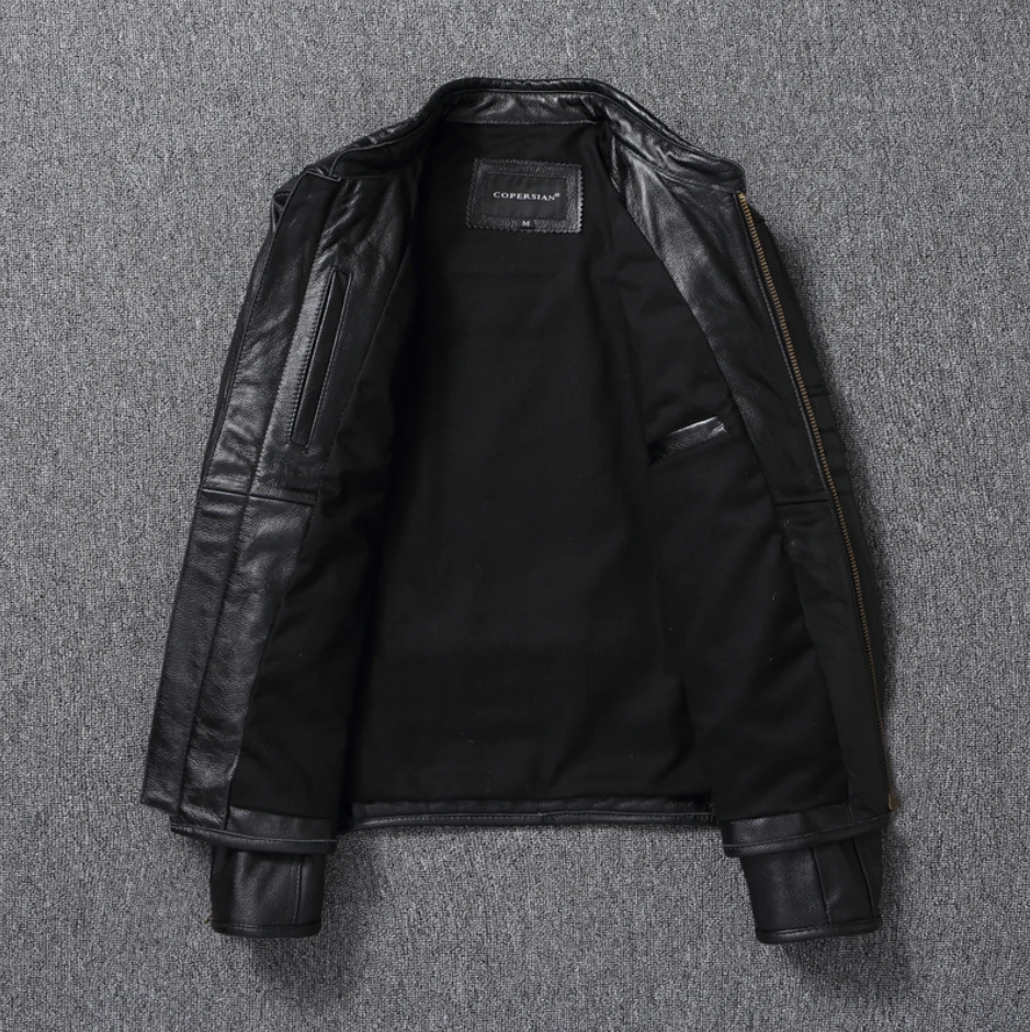 Cowhide Motorcycle Jacket Genuine Leather Stand Collar for Springtime Vintage Biker ASIAN men leather jacket women leather jacket