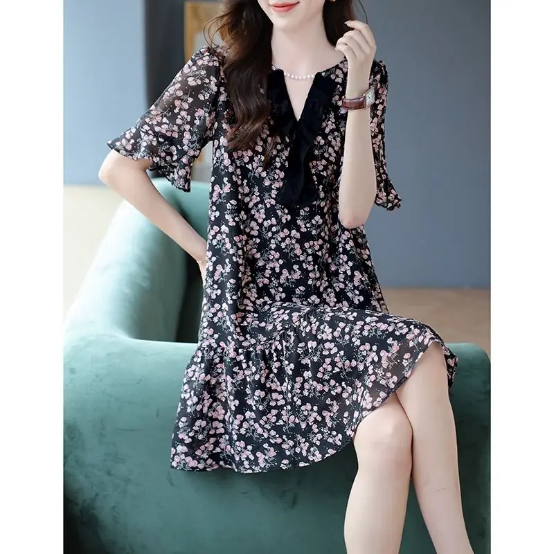 Elegant Spliced Beading Ruffles Flare Sleeve Floral Dress Women Clothing  2024 Summer New Loose Office Lady Short Sleeve Dresses - AliExpress  200000345