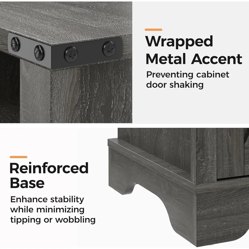 Nightstand Set of 2, Grey End Table with Charging Station, Tall Farmhouse Bedside Table with Large Storage and Shelf 5