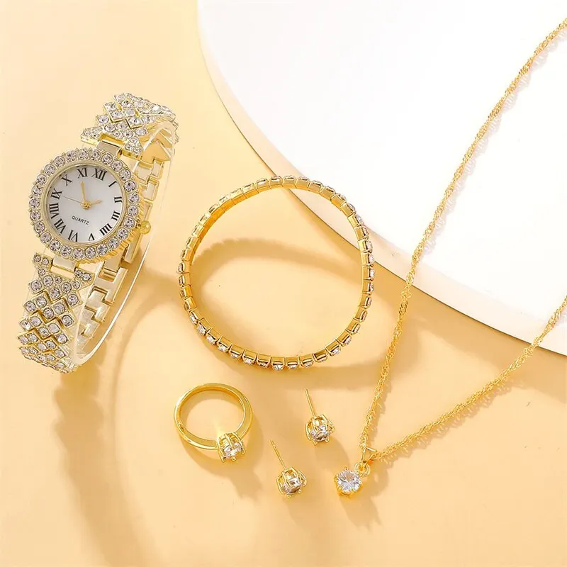 Women Watches 6pcs Set Watches Luxury Rhinestone Women Fashion Wristwatch Quartz Watch For Girl Ladies