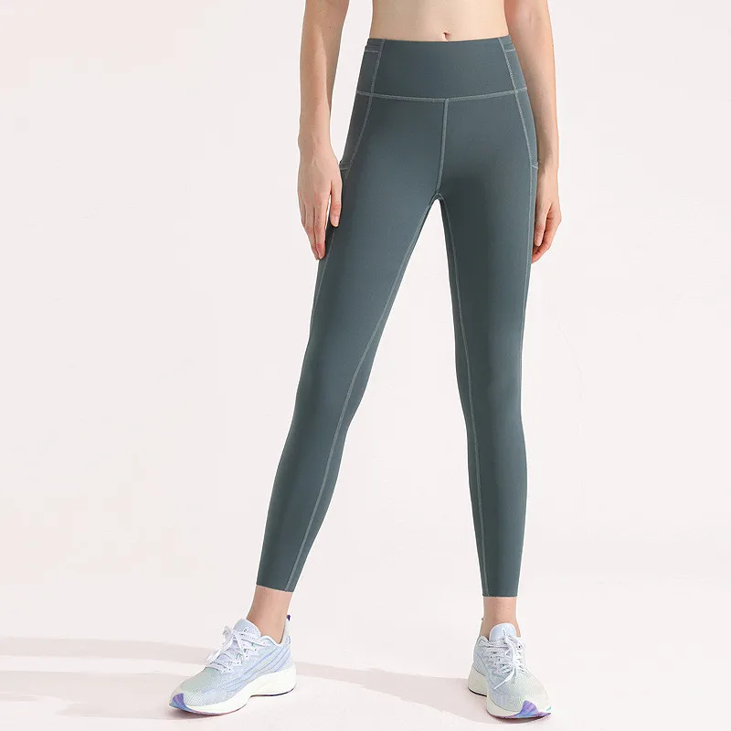 Solid Color High Waist Gym Yoga Legging Soft Fitness Compression Women Sports Pant Back Waist Side Pocket Comprehensive Training