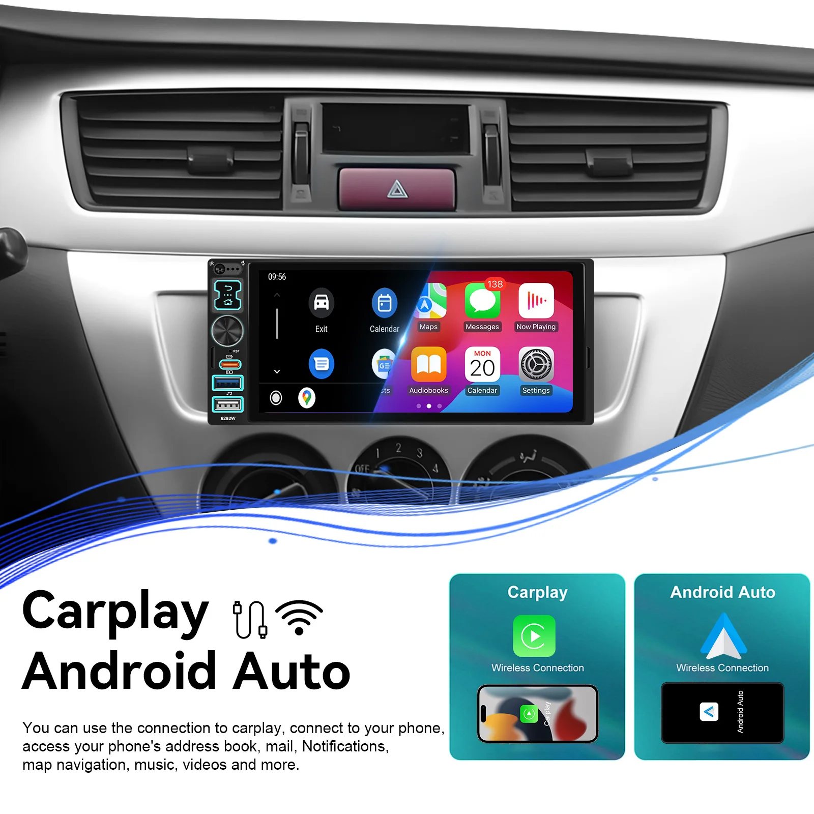 Podofo Reproductor Multimedia para Auto con Pantalla Táctil HD de 6.8” 6.9” 1DIN, Carplay Inalámbrico/Carplay con Cable, Android Auto Universal, Reproductor MP5 para Auto, Radio FM BT, Tipo-C/USB, Cámara de Visión Trasera, Autoradio 3