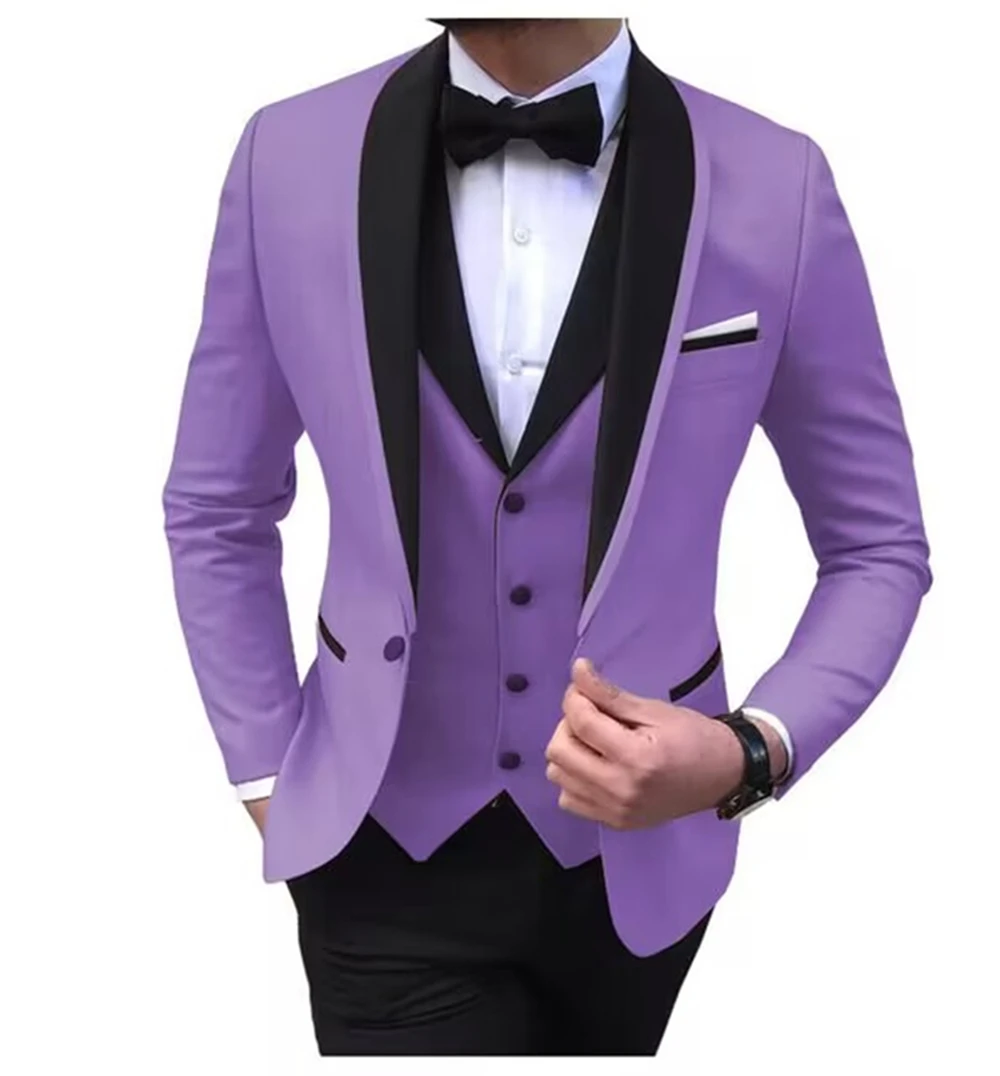 Solid Men's 3 Pieces Wedding Suit One Button Shawl Lapel Jacket Vest Pants Dinner Groom Tuxedos Slim Fit Formal Business Suits