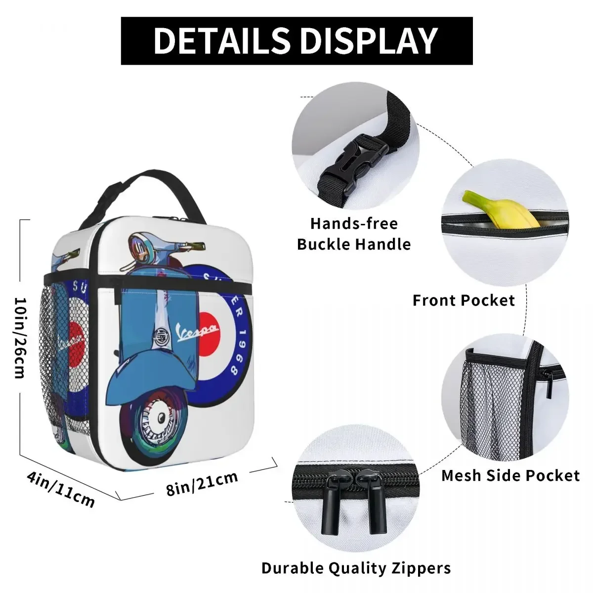 Vespa 1968 슈퍼 스쿠터 Merch 단열 도시락 가방, 피크닉 보관 식품 상자, 휴대용 캐주얼 보온 쿨러 도시락 상자