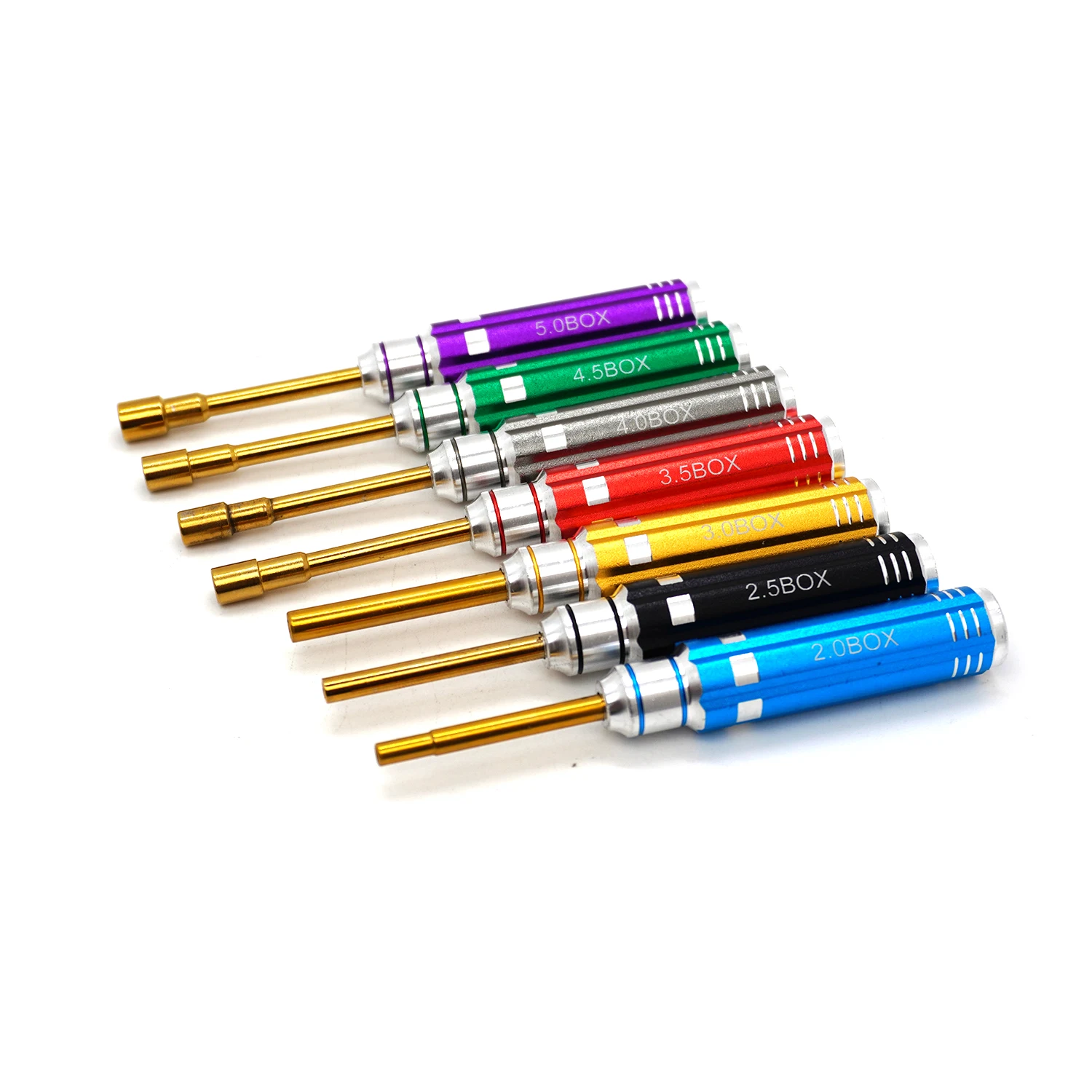 Gros plan sur les embouts hexagonaux du kit de 7 tournevis pour RC, montrant les tailles de 2.0 à 5.0mm.