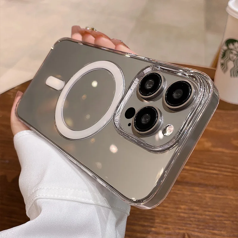 맥세이프 마그네틱 투명 케이스, 아이폰 15, 14, 13, 12, 11 프로 맥스, 미니 7, 8 플러스, 투명 무선 충전 휴대폰 액세서리