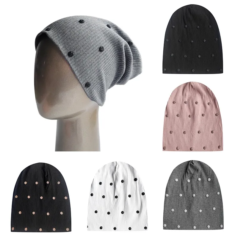 

Women Cotton Elastic Beanies Hats Fashion Autumn Winter Warm Soft Baggy Solid Color Cap With Sequins Accessories Bonnet