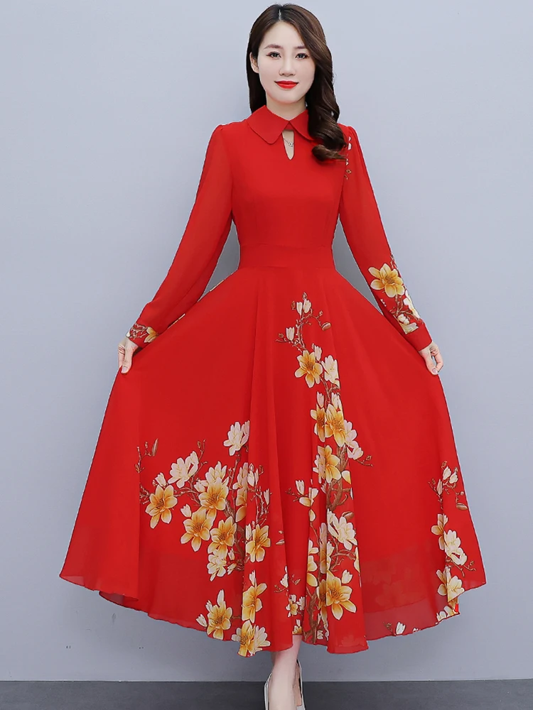 

Clothes For Women Elegant Red Chiffon Maxi Long Sleeve Dress Casual Floral 2023 Spring Autumn Beach Tunics Party Evening Dresses