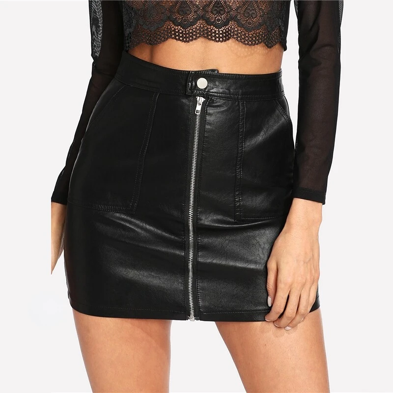 High Waist Slimming PU Leather Skirt With Metal Zipper