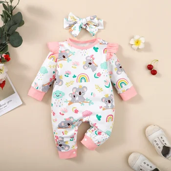 0-12 Months Newborn Baby Girl Clothes Long Sleeves Cute Cartoon Bodysuit with Headband 2PCS Infant Romper Toddler Girl Jumpsuit 1