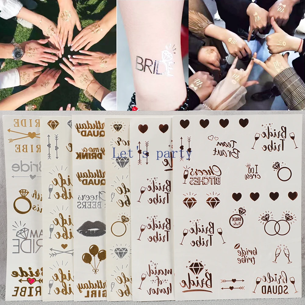 2 Blatt vergoldete „Braut To Be Team Bride“, temporäre Körper- und Gesichts-Tattoo-Aufkleber für Hochzeit, Junggesellinnenabschied, Junggesellinnenabschied, Dekoration