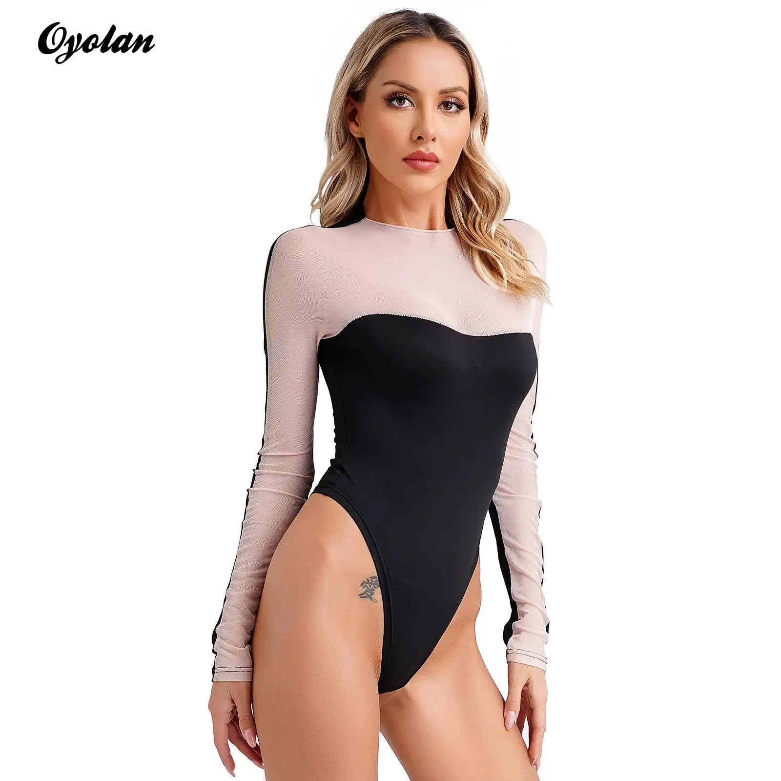 

Womens Sheer Mesh Spliced Bodysuit Top One Piece Mock Neck Long Sleeve High Cut Button Crotch Leotard Bodycon Jumpsuit Dancewear