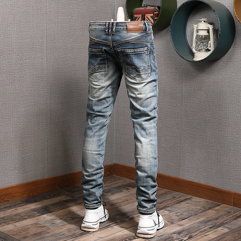 Fashion Streetwear Men Jeans Retro Blue Elastic Slim Fit Ripped Jeans Men Italian Vintage Designer Casual Denim Pants Hombre