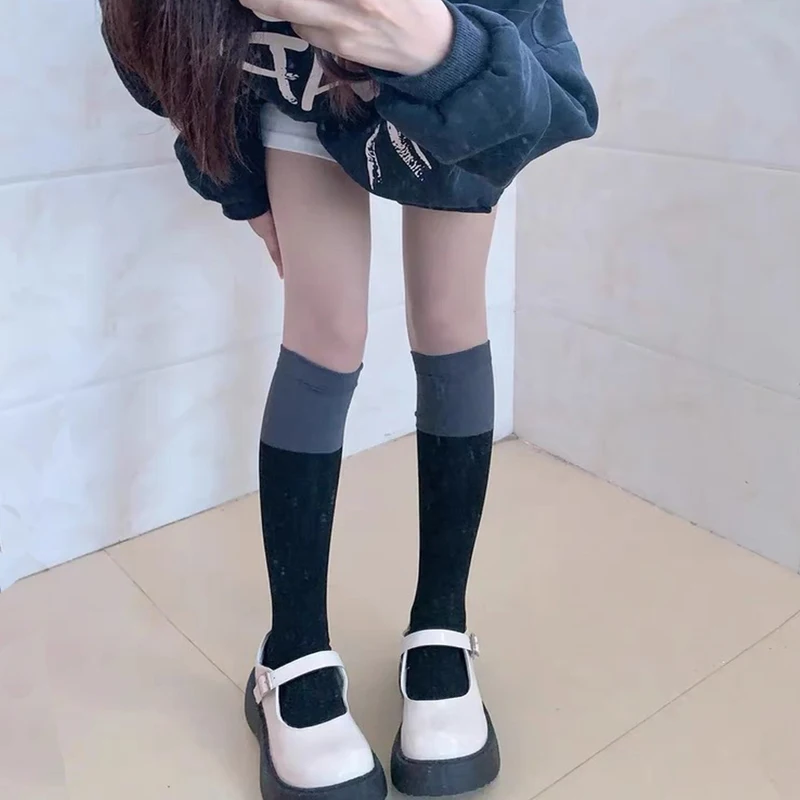 patchwork-color-long-socks-for-girls-black-grey-knee-stocking-fashion