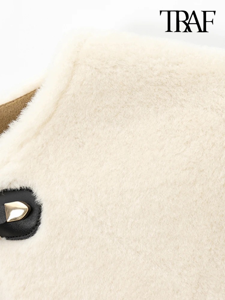 TRAF-Thick Warm Faux Fur Jacket for Women, Long Sleeve Coat, Front Toggle, Female Outerwear, Chic Tops, Fashion 3