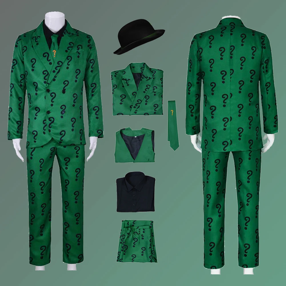 

Men Riddler Cosplay Fantasy Movie Super Villain Costume Disguise Adult Boys Roleplay Fantasia Outfits Halloween Male Suits