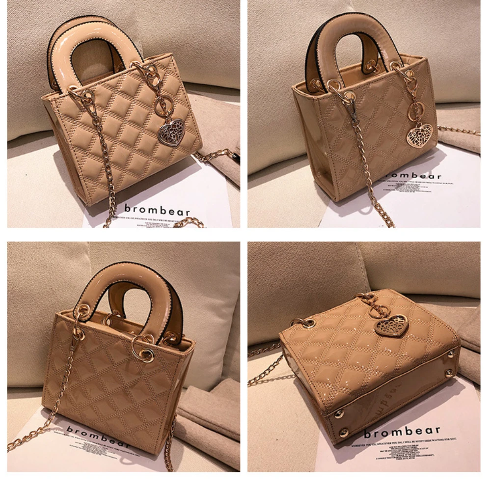 Women's Luxury Brand Patent Leather Diamond Lattice Top Handle Shoulder Lady Bag with Metal Chain Heart Decoration Zipper Pocket