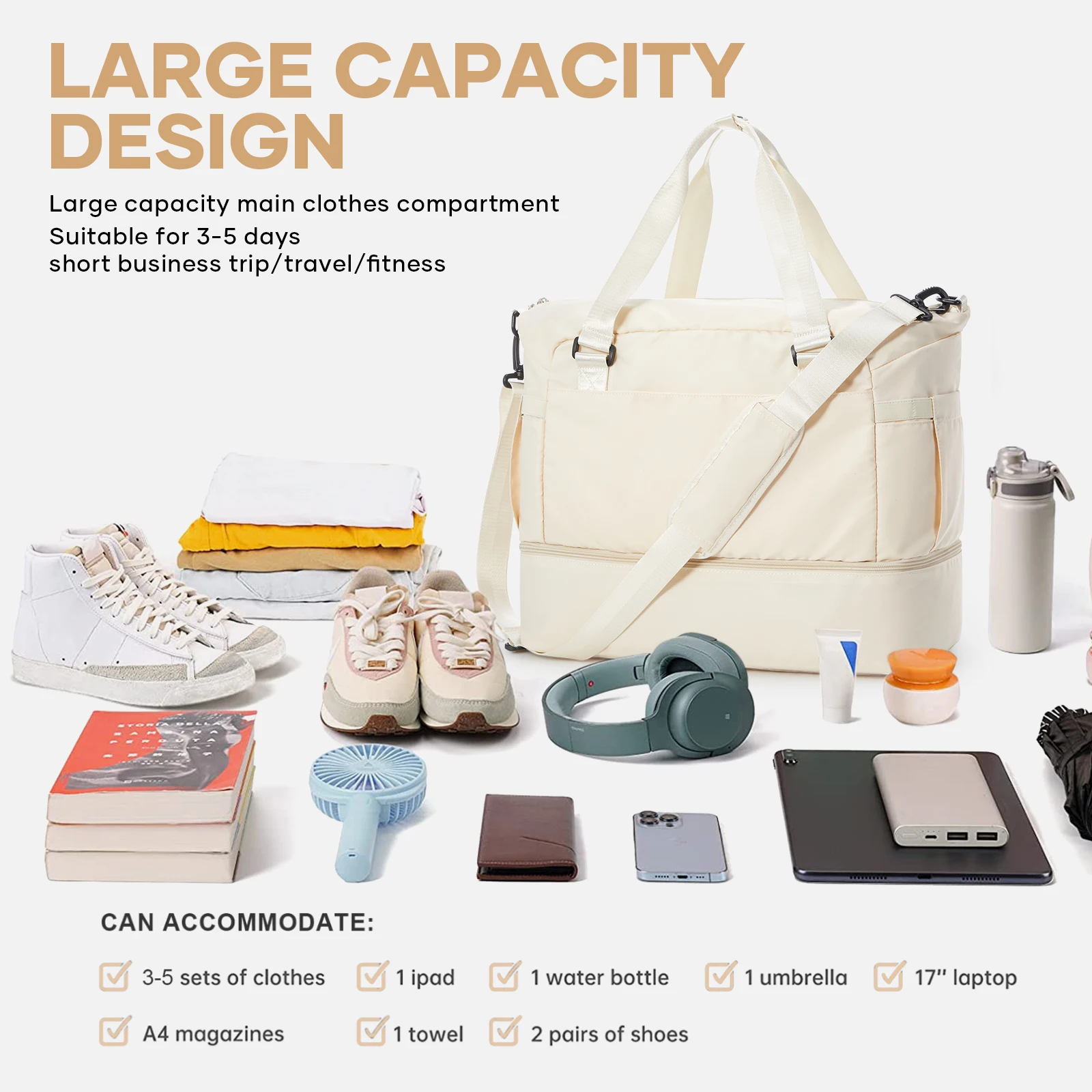 Holiday Short Distance Travel Clothing Storage Bag, Shoe Compartment Travel Bag, Woman Bag for Gift，Weekend Sports Fitness Bag