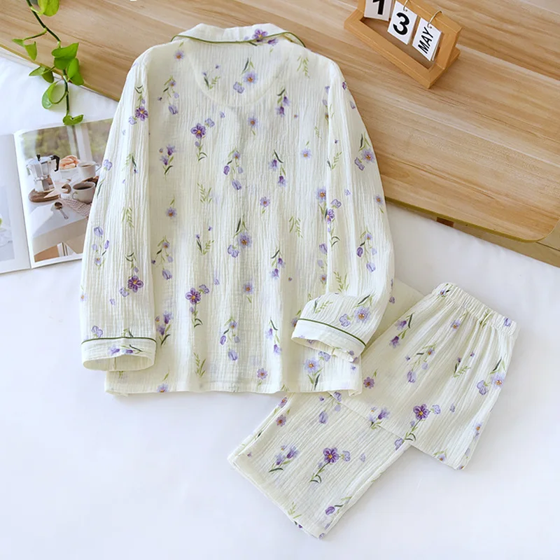2024 Japanese Spring/Summer New Women's Pajama Set 100% Cotton Crepe Long Sleeve Two Piece Thin Home Fury Pajamas Ladies