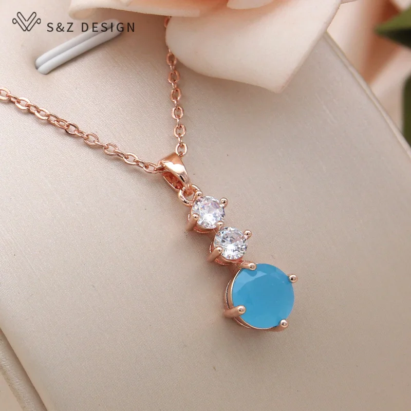 S&Z DESIGN New Fashion 585 Rose Gold Color Round Cubic Zirconia Pendant Necklace For Women Party Collarbone Chain Jewelry