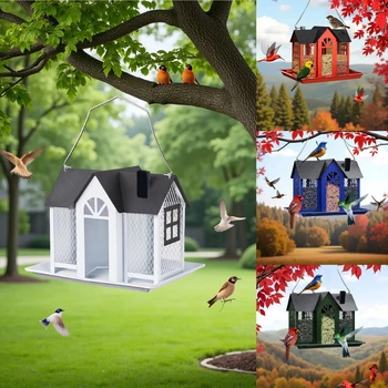 1 Outdoor Hanging Wild Bird Feeder, Large Capacity, Large Birdhouse with Metal Mesh Cover and Seed Tray, Suitable for Titles, Red Birds, Titles, Hummingbirds, Squirrel Protection and Weather-Resistant Metal Outdoor Garden Courtyard Decoration Bird Feeding Station, Gift for Use. 1