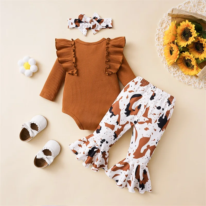 

Infant Baby Girl Autumn Jumpsuit Set Solid Ribbed Long Sleeve Romper Print Flare Pants Bow Headband