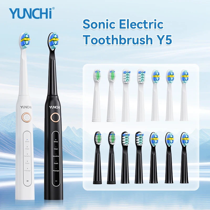 Yunchi 전동 칫솔 Y5 방수 충전식 5 가지 모드 교체 가능한 8pcs 브러시 헤드가있는 2 분 타이머 음파 칫솔