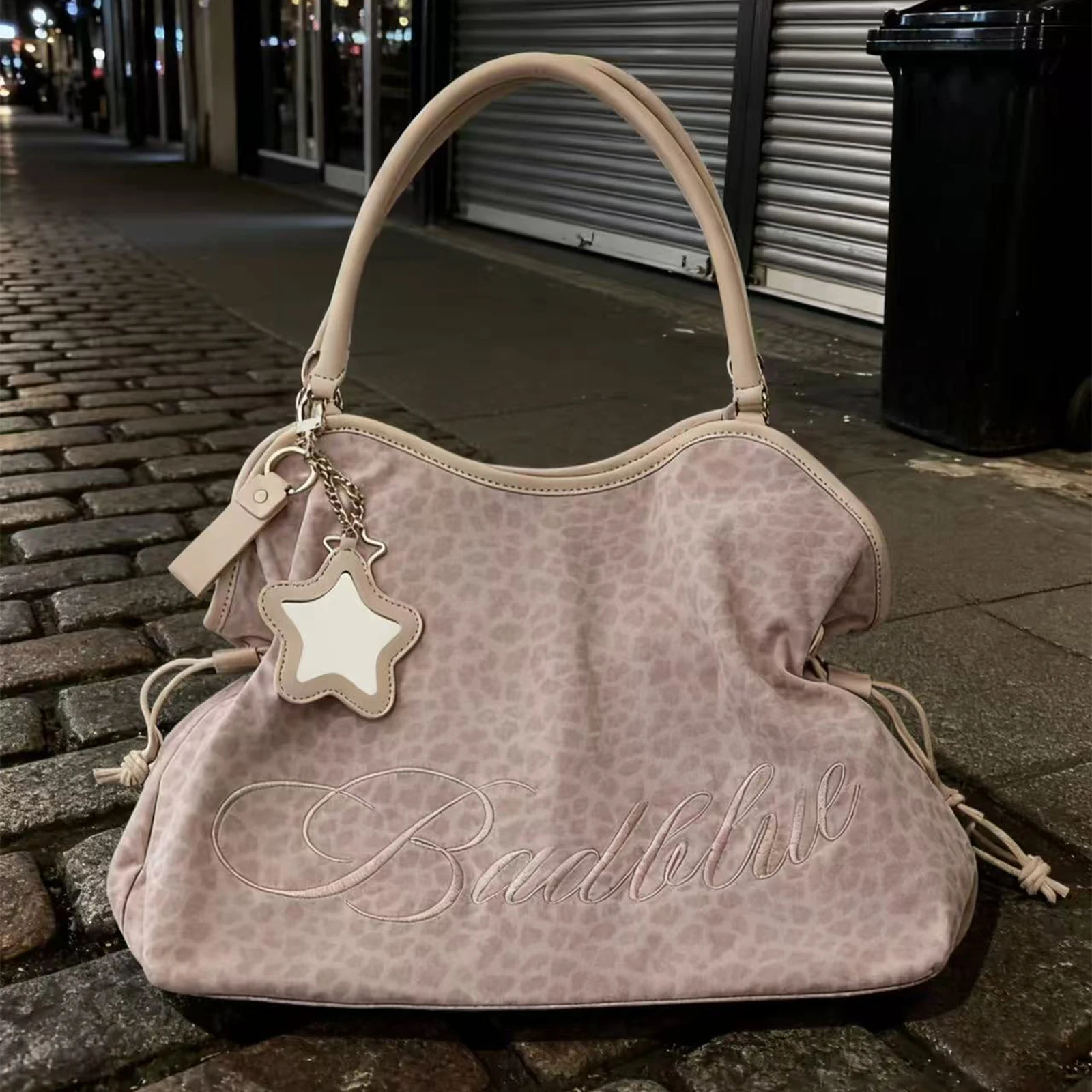 Y2K BadBlue Embroidered Leopard Print Tote Bag Large Capacity Shoulder Bag with Star Mirror Pendant Korean Trendy Women Handbag 2