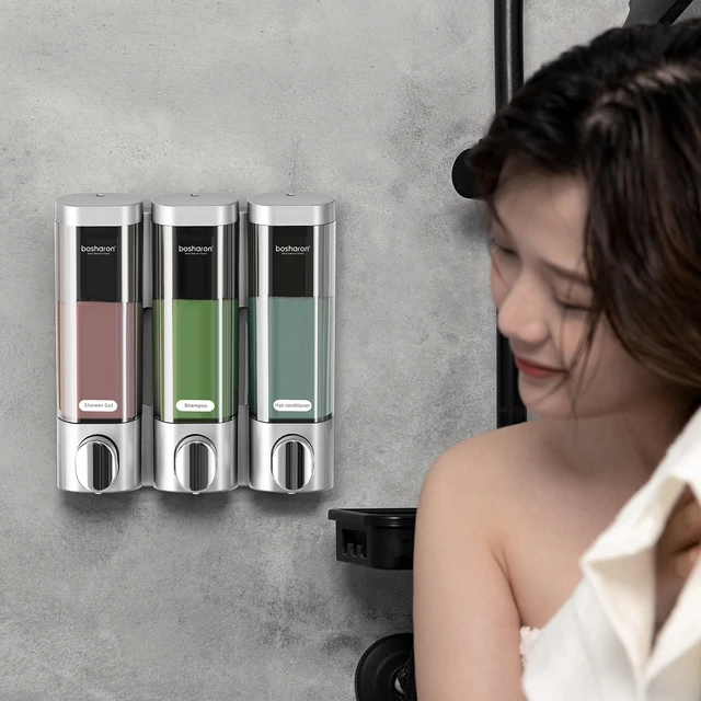 เครื่องจ่ายสบู่เหลว Triple เจลอาบน้ํา 300ml * 3 Chamber Wall Mount GEL โลชั่นห้องน้ําโรงแรมพลาสติกเครื่องจ่ายแชมพูด้วยตนเอง 1