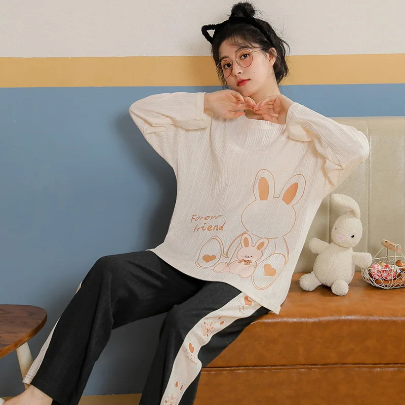 

Autumn Spring New Cotton Women's Pajamas Set Long-Sleeved Trousers Two-Piece Set Cute Soft Home Wear Clothes For Women Freeship
