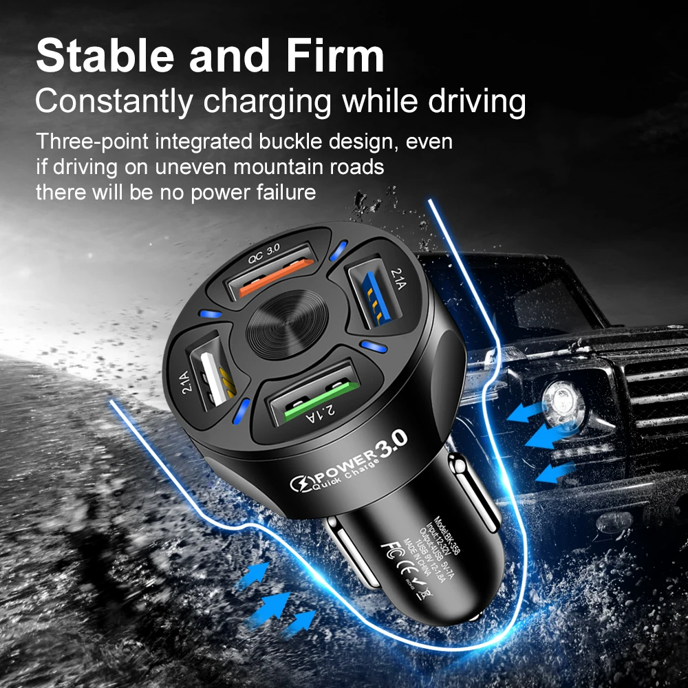 4USB QC3.0 Fast Charging Car Charger Mobile Phone Charger Wired Charging Pc Flame Resistant Material Car Charge
