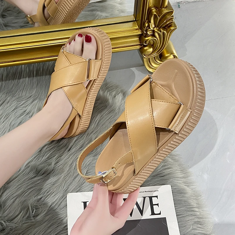 

2022 Concise Cross band student sandals women summer shoes slippers sandalias femme thicken soled gladiator sandales