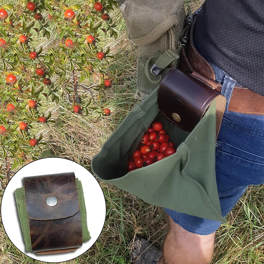 Bushcraft Foraging Pouch PU Leather Canvas Bag Hiking Camping Picnic Picking Bag Belts Storage Bags Outdoor Tools High Capacity