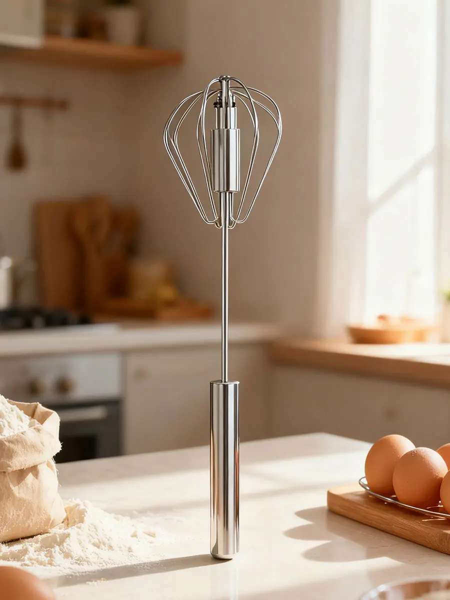 Stainless Steel Egg Beater, Semi-Automatic Hand Mixer and Egg Scrambler for Cream, Eggs and Kitchen Baking, Sliver