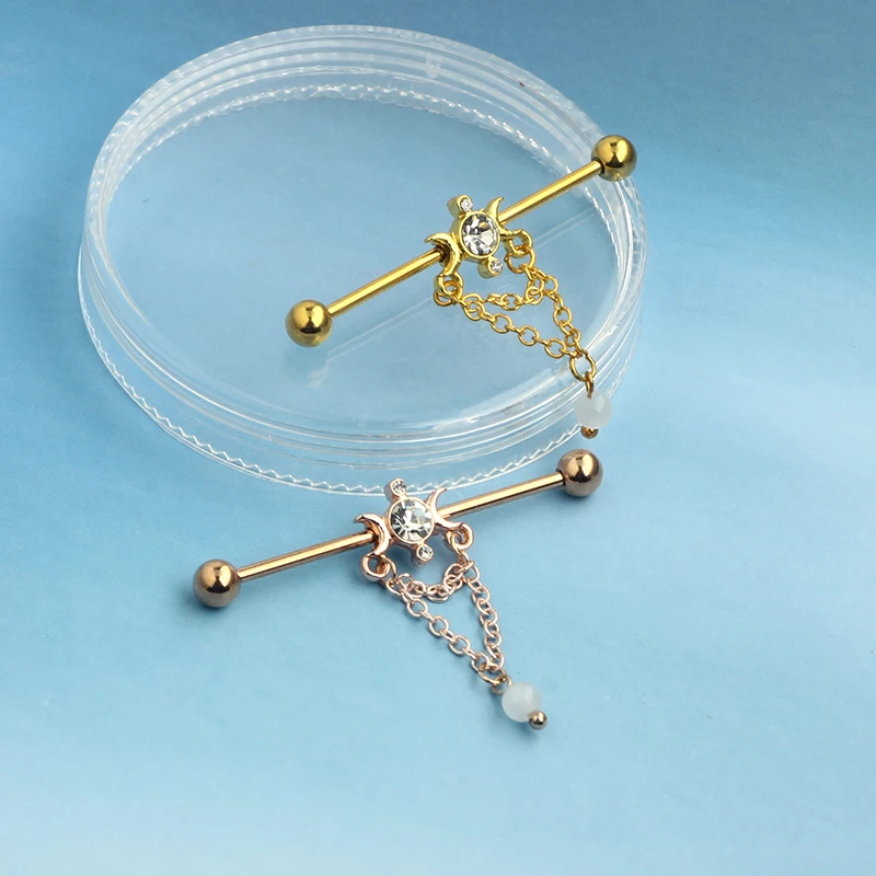 14G stainless Steel Straight Bar Body Piercing Jewelry Barbell Parts 38mm Bar Length dangle chain industrial earrings for women