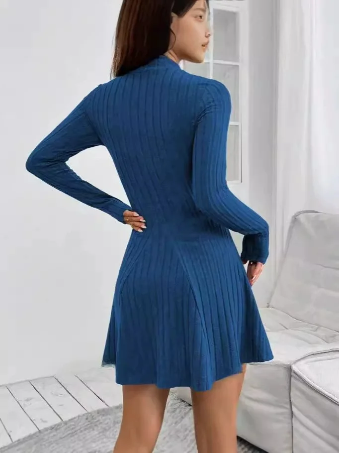Damen Slim Fit Gestreiftes Kleid Langarm Hochkragen A-Linien-Rock Europäischer Stil Sommer 2026 Mode Grenzüberschreitende Kleidung – Detail 3