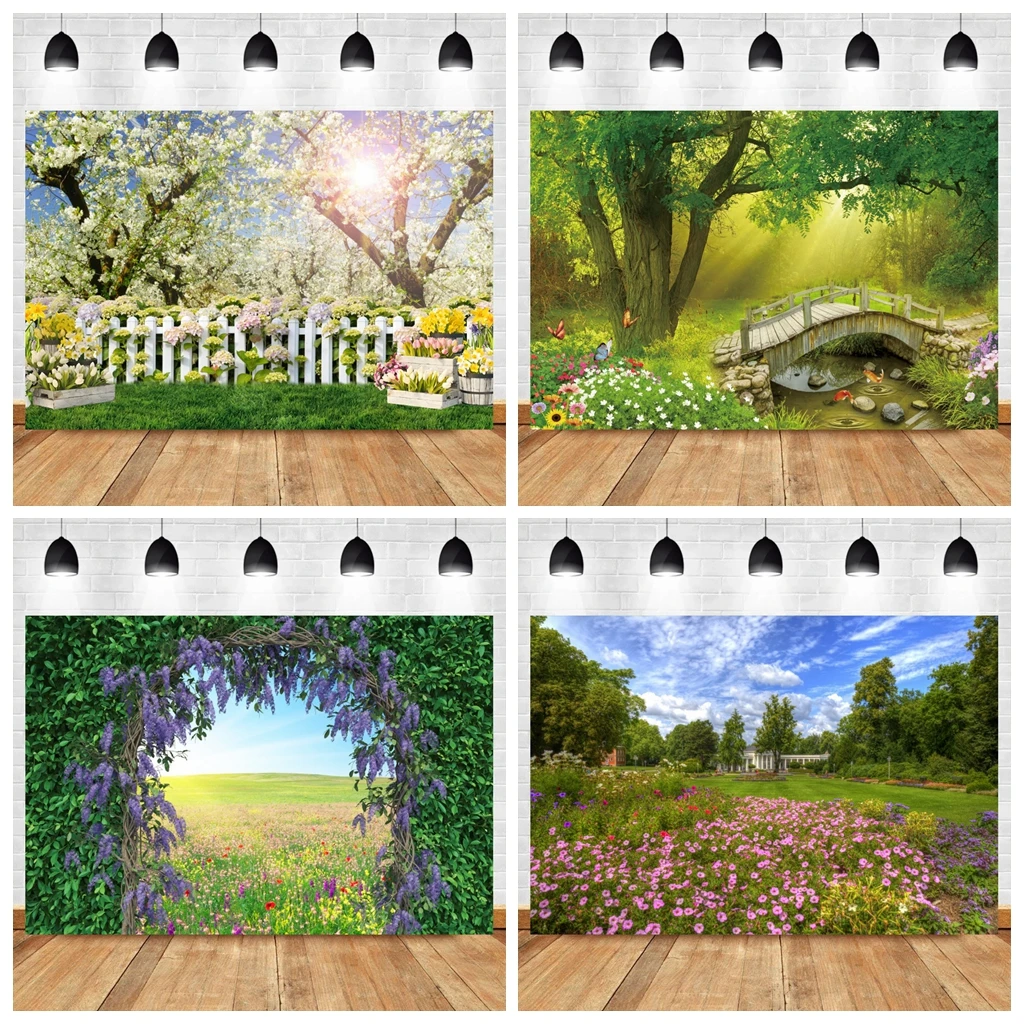 Spring Landscape Photo Backdrop Garden Flowers Green Vine Door Road Photography Background Living Room Decoration Banner for Photo Backdrop