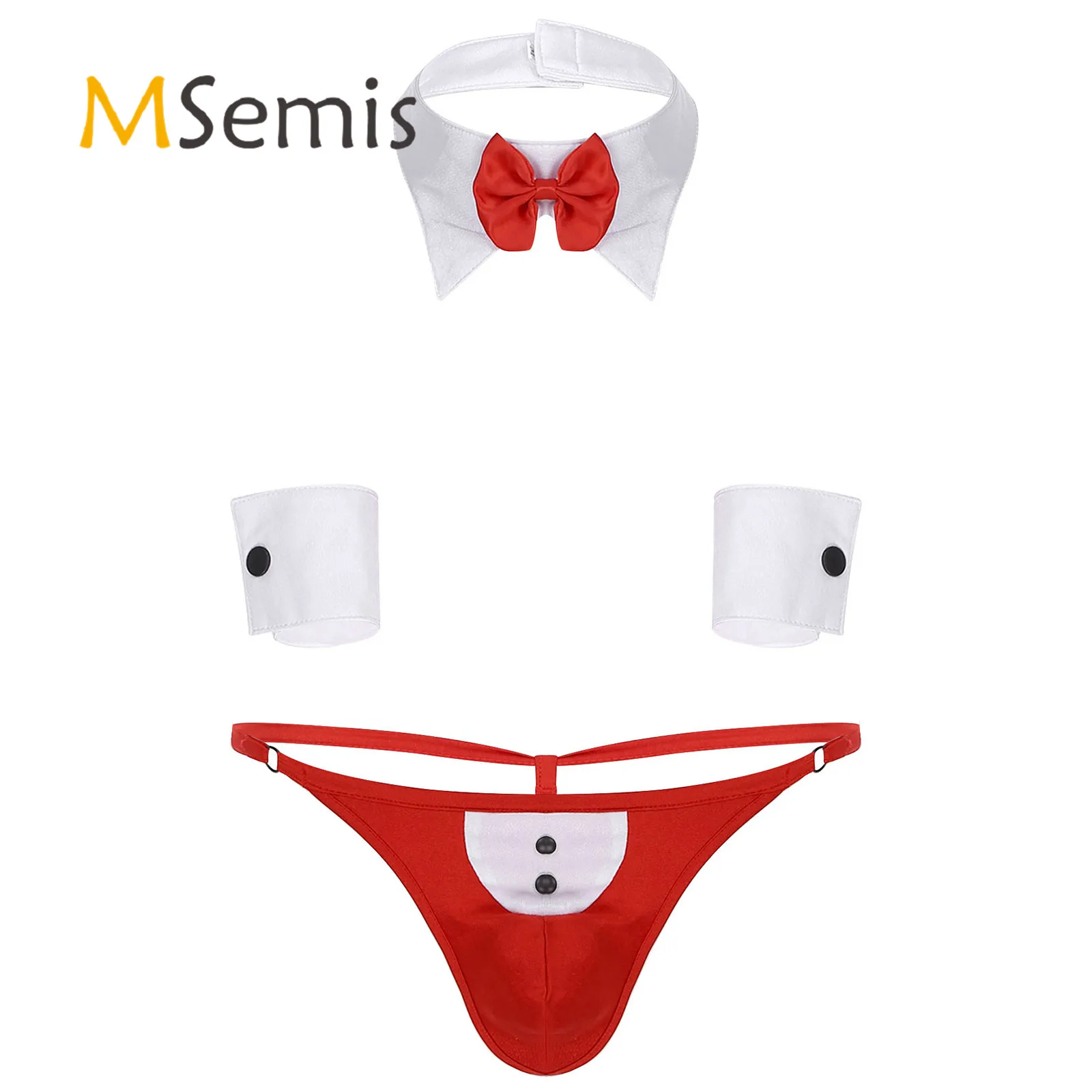 Mens Novelty Maid Waiter's Tuxedo Costume Lingerie Suit Open Butt Tuxedo G-string Thong Underwear with Bow Tie Collar Bracelets